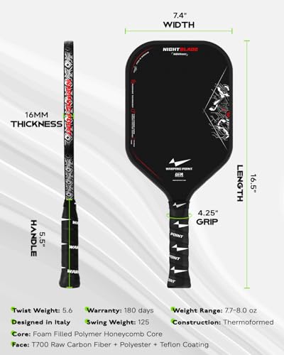 Warping Point Nightblade 16mm Carbon Fiber Pickleball Paddle – UPA-A & USAPA Approved, Foam Core, Spin-Enhanced, Long Handle