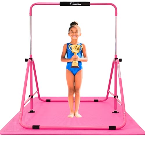MARFULA Foldable Kids Gymnastics Bar - Adjustable Kip Bar with Mat, Pink for Ages 3-12