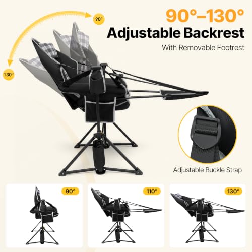 Suteck Black Plaid Hammock Camping Chair with Footrest & Thick Padding