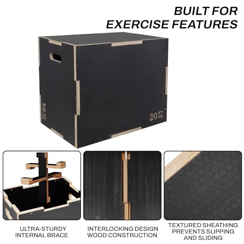 Gray Signature Fitness Wooden Plyo Box Jump Platform - 16x20x24 Inches, Non-Slip, Versatile Workout Equipment