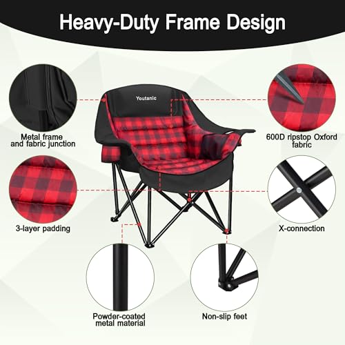 Youtanic Oversized Foldable Camping Chair 400lbs with Padded Seat & Side Pockets, Red-Black, 40.5"L x 28"W