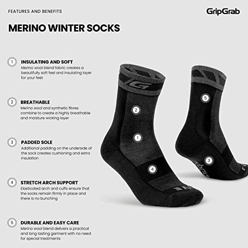 Winter Cycling Socks - GripGrab Merino Thermal Insulated Bike Socks 8.5-10.5 Black