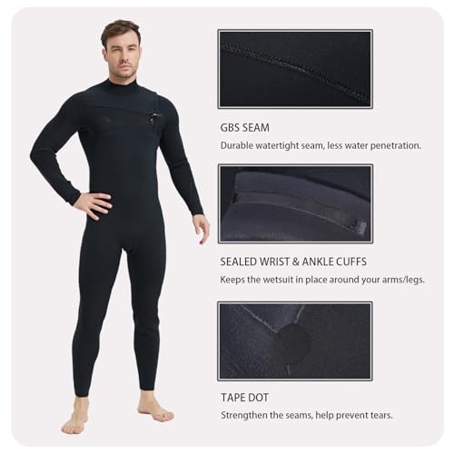 Lemorecn Men's 4/3mm Chest Zip Wetsuit - Black, Medium - Super Stretch, Cold Water