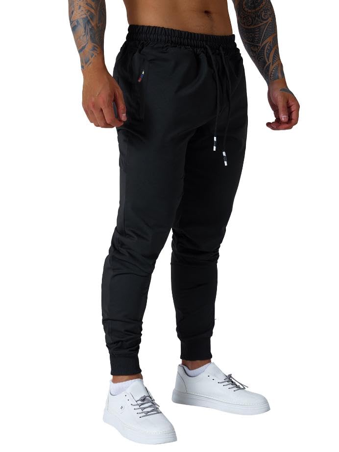 Men's Active Jogger Sweatpants with Zipper Pocket & Drawstring - Black, Large