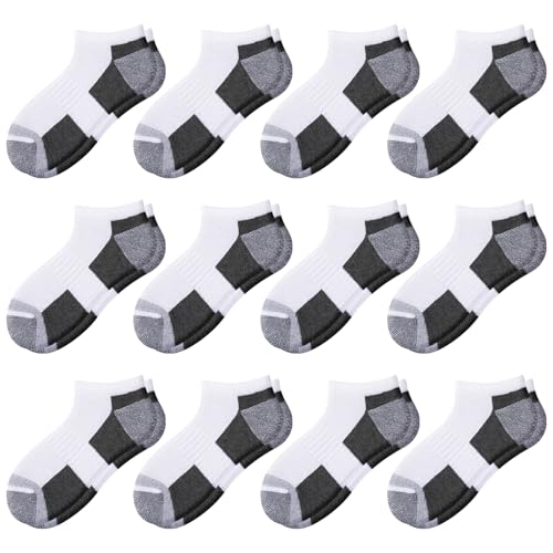 White 12 Pairs Boys Ankle Cushioned Athletic Socks - Breathable Low Cut Sports Socks for Kids 4-6, 6-8, 8-10, 10-12 Years Old