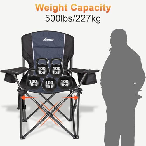 Romswi XL Oversized Camping Chairs 500LBS Support Folding Outdoor Chairs with Cooler Bag & Cup Holder, Black 2-Pack