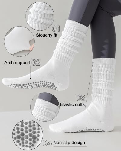 3 Pairs Non-Slip Grip Pilates Socks for Women - Long Slouchy Yoga & Workout Socks, White/Black/Light Grey, One Size
