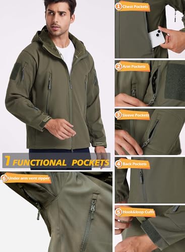 Men's Army Special Ops Tactical Softshell Jacket with Fleece Hoodie - Medium, Army Green