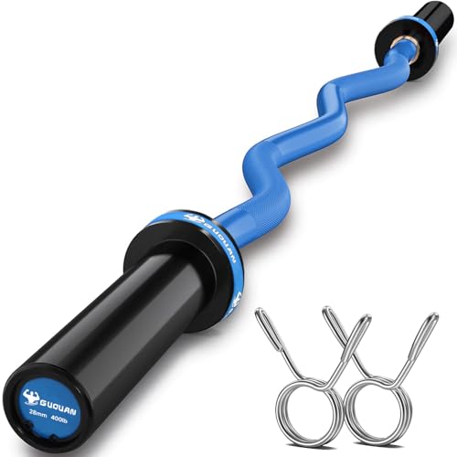 GUQUAN Blue Olympic EZ Curl Barbell 2 Inch 4ft Weightlifting Bar for Home Gym
