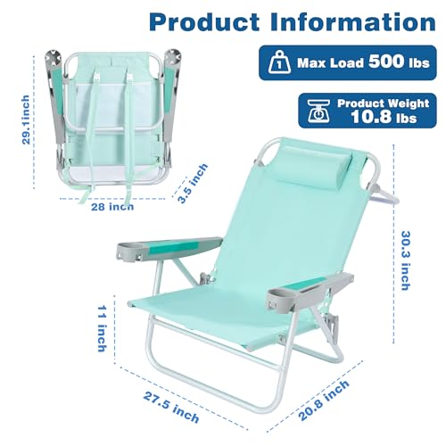 Teal Extra Wide Low Beach Chair 2 Pack - 5-Position Folding Camping Chairs with Cup Holders for Outdoor Sand