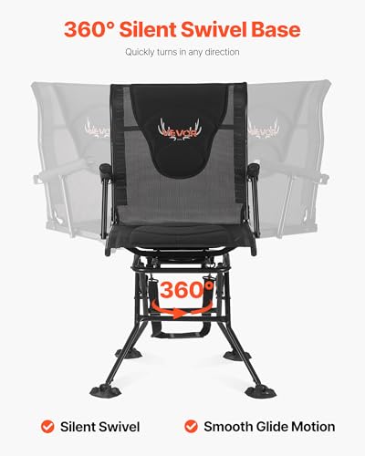 VEVOR Foldable Hunting Chair with 360° Silent Swivel, Adjustable Height Portable Ground Stool for Camping & Fishing