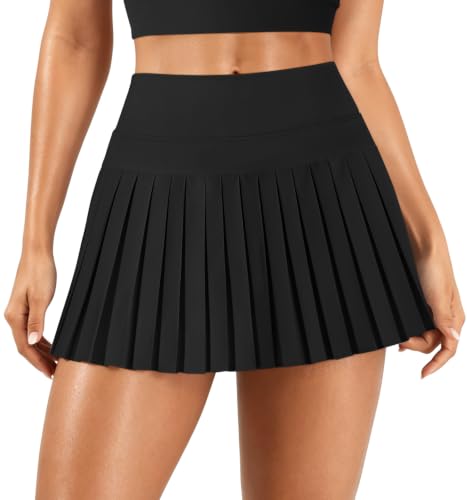 Women's Pleated Tennis Skirt with Built-in Shorts and Pockets - Medium Black