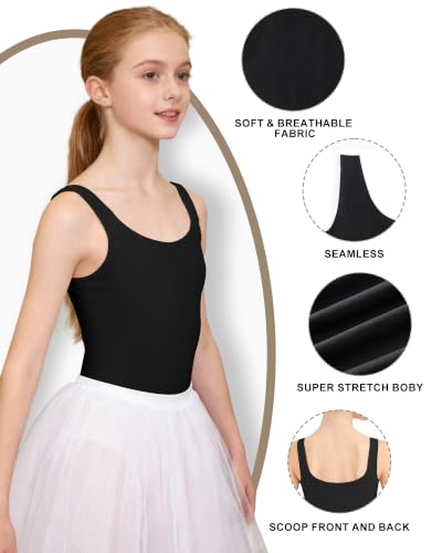 Girls Seamless Sleeveless Ballet Leotard - Large Black Dance Unitard for Gymnastics & Ballet