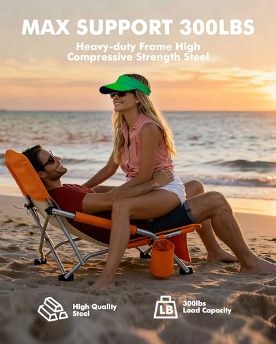 AKSOUL Orange Folding Beach Chair for Adults - Wide Seat, Low & High Back, Pack of 2
