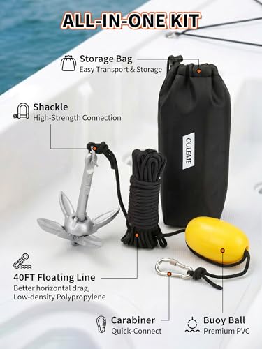 Silver 1.5 lb Folding Grapnel Anchor Kit with 40 ft Rope & Buoy for Kayaks and Small Watercraft