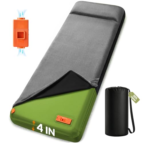 KASBAH Green Self-Inflating Camping Sleeping Pad with Electric Pump, 4" Ultra-Thick Foam, R-Value 9.5, 4 Season Mattress for Tent & Car Travel