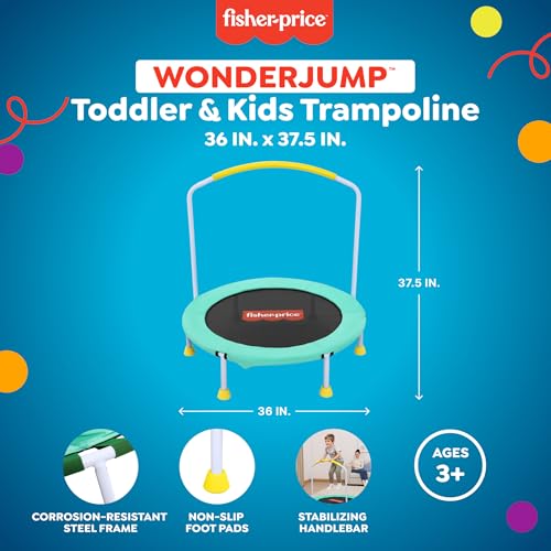 Mini Trampoline for Kids - 36 Inch Indoor Toddler Trampoline with Handlebar - Teal/White