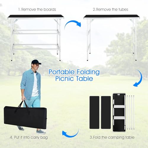 Black Portable Folding Camping Table with 2-Tier Storage Shelves & Removable Cover