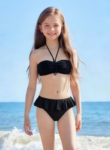 Girls Swimsuits Bikini Sets 2 Piece Bathing Suit with Ruffles & Adjustable Halter - 10 Years / Black
