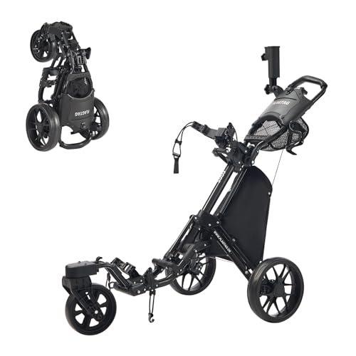 FLAGTAG Black 3-Wheel Golf Push Cart with Foldable Design & Swivel Front Wheel