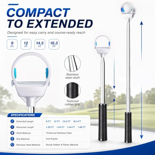 White 9 Ft Golf Ball Retriever with Stainless Steel Shaft & Rubber Grip
