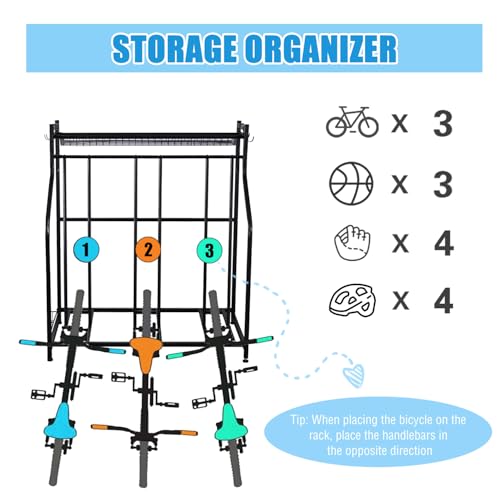 Mythinglogic 3-Bike Garage Storage Rack with Ball Basket & Hooks - Freestanding Bike Organizer