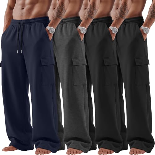 Men's Cargo Sweatpants Big and Tall - 4 Pack, Black, Navy, Gray, 4X-Large