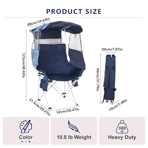 The Treasmap Navy Blue Folding Camping Chair with Canopy & Shade - Portable Outdoor Beach & Fishing Seat for Adults
