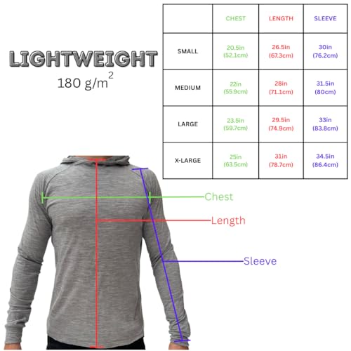 Men's X-Large Grey Merino Wool Hoodie Shirt - Lightweight UV-Protective Base Layer