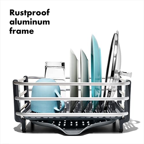 OXO Good Grips Dish Rack - Rustproof Aluminum Kitchen Dish Drying Organizer, with Adjustable Drain Tray & Removable Utensil Cup