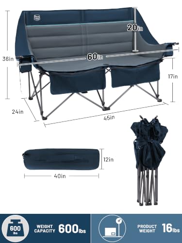 Loveseat Blue Camping Chair - Oversized Double Folding Camp Couch for Outdoor Relaxing
