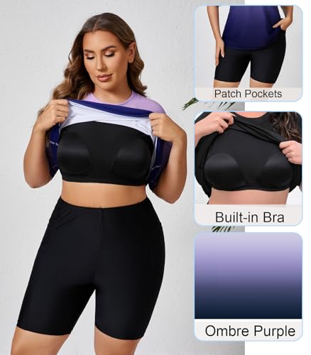 Halcurt Women's Plus Rash Guard Swim Shirt Boyshorts Set Ombre Purple 2X