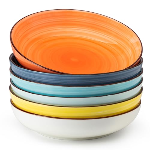Sweese 6-Pack Ceramic Pasta Bowls - Multicolor, 30oz Large Salad Plates