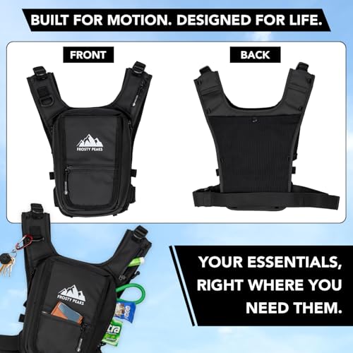 FROSTY PEAKS Black Chest Pack with Flip Phone Pocket — Minimalist Ski & Outdoor Vest