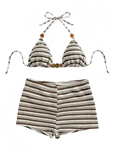 Women's Striped Halter Bikini Set Beaded Triangle Swimsuit Small Coffee Brown