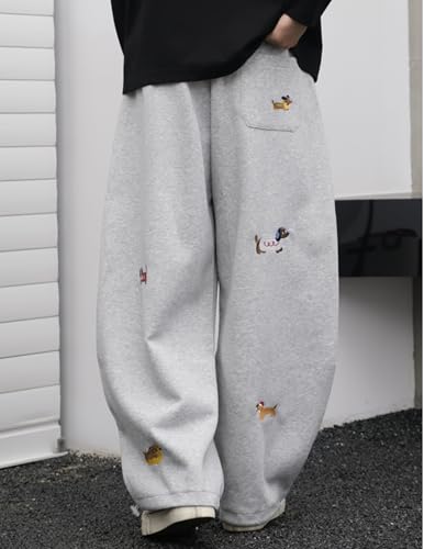 Vamtac X-Small Gray Embroidery Puppy Baggy Sweatpants - Wide Leg Casual Drawstring Unisex Y2K Style