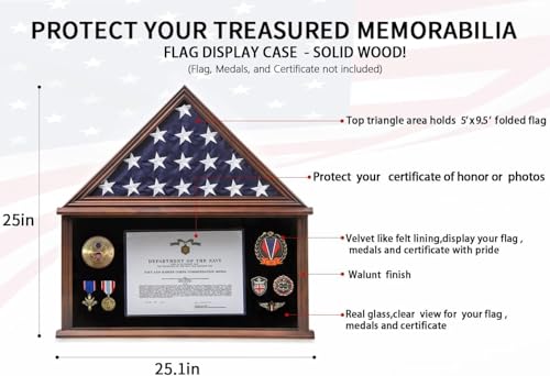 Walnut Finish Burial Flag Display Case Large - 5x9.5 Military Flag Shadow Box with Glass