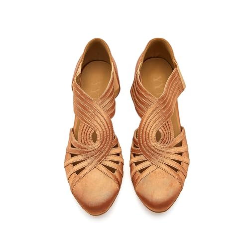 Women Latin Ballroom Salsa Dance Shoes - Closed Toe, Suede Sole, Tan 11