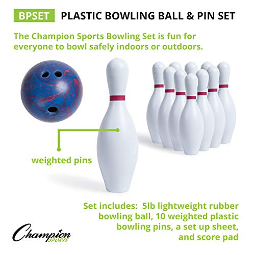 Champion Sports 10 Pin Plastic Bowling Set with Ball - White, 15-Inch