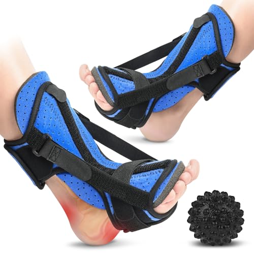 Blue Plantar Fasciitis Night Splint with Massage Ball 2 Pack - Adjustable Support