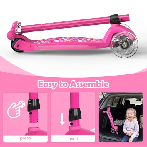Kids Scooter with Lights and Adjustable Height - Rose Red, 7 Lighting Effects, 3-Wheel Toddler Ride-On