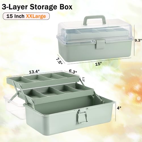 Green 15-Inch Extra Large Art & Craft Storage Box with 3-Layer Folding Trays