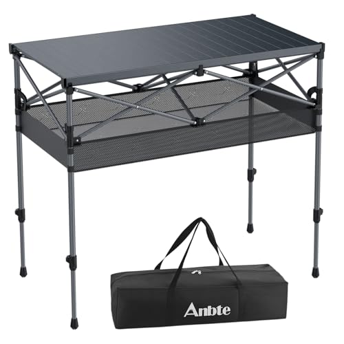 Anbte 34.2-Inch Tall Folding Camping Table with Aluminum Surface, Black, Adjustable Height & Mesh Storage