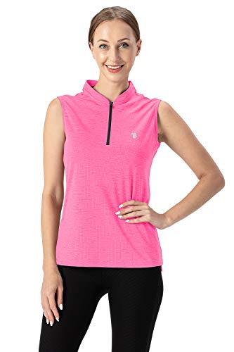 YSENTO Women's Golf Polo Tank Top - Medium Fluorescence Rose Red, Sleeveless, 1/4 Zip, UPF 50+