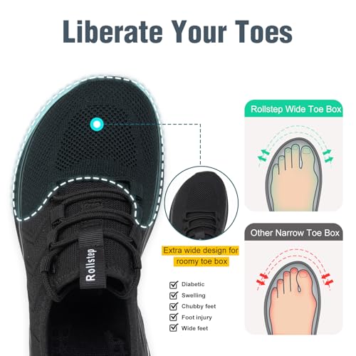 Wide Toe Box Shoes Women Extra Wide Sneakers Air Cushion Running & Walking Shoes - All Black 8-8.5 Wide