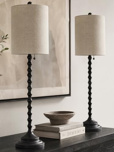 Lampworks Black Buffet Lamps Set of 2, 30-Inch Tall Table Lamps with Linen Shades & Pull Chain Switch