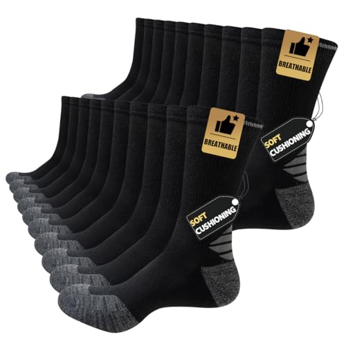 Men's Lightweight Long Cushion Athletic Work Socks - Black 10 Pairs Large