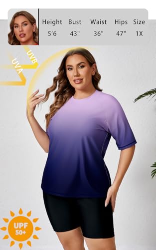 Halcurt Women's Plus Rash Guard Swim Shirt Boyshorts Set Ombre Purple 2X