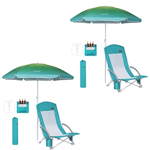 Nice C 2 Pack Blue Low Beach Chairs with Umbrella & Cooler Bag