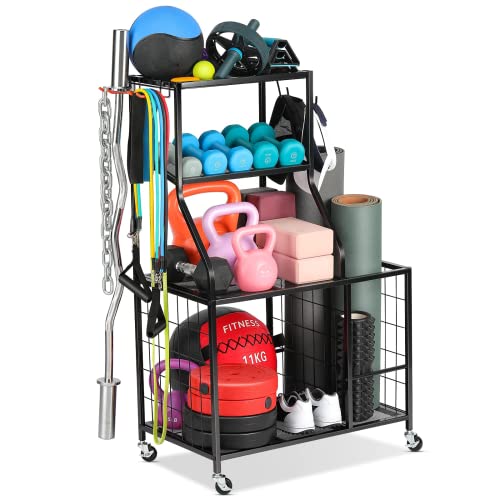 Black Mesh Gym Storage Rack for Dumbbells & Yoga Mats - Home Workout Organizer